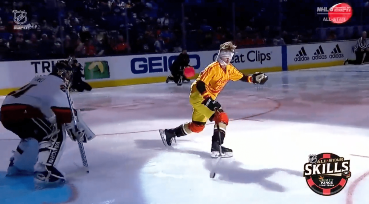 Trevor Zegras scores blindfolded at NHL All-Star skills competition